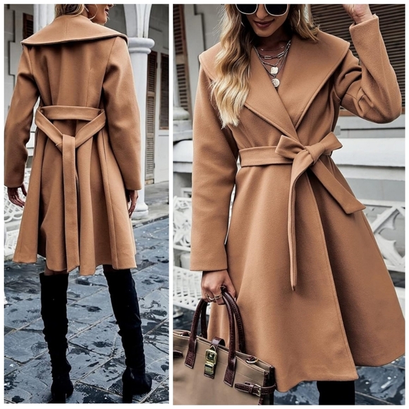 Jackets & Blazers - New Chic Flared Hem Button Shawl Collar Tie Trench Jacket Coat Camel Tan